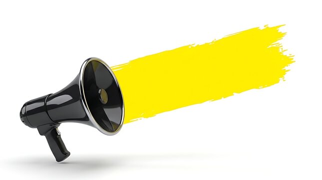Megaphone emitting bright yellow sound wave against a clean white background for advertising and announcement concepts.