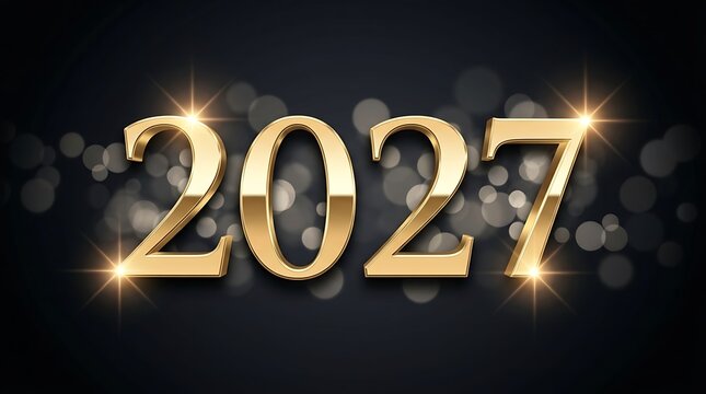 Golden 2027 numbers sparkle on dark background with bokeh lights celebrating new year and special events with festive glow.
