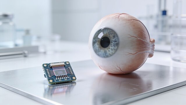 Medical technology concept featuring realistic human eye model beside miniature electronic circuit board on sterile laboratory surface ophthalmology research biomedical engineering artificial vision 