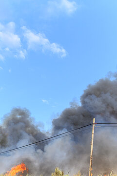 Huge dark smoke plume rising from a brush fire The Concept of natural disaster and danger