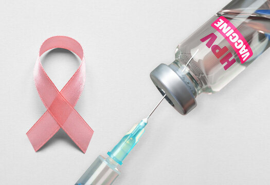 HPV vaccination poster. Syringe and vial against light grey background with awareness ribbon, top view