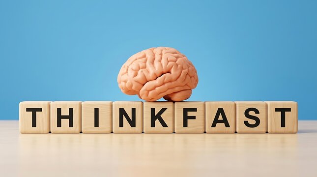 Brain model atop wooden cubes spelling 'THINK FAST', emphasizing quick thinking, intelligence, and rapid decision-making.