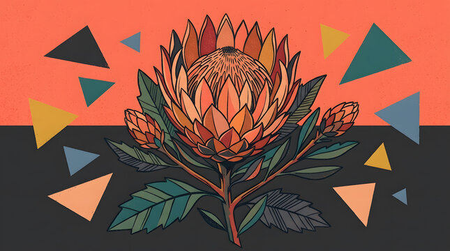Retro king protea floral illustration | Mid-century modern botanical art print | Abstract geometric flower background design | Vintage style South African protea flower art