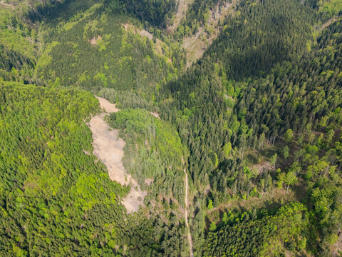 Aerial view of Svatodusna Old copper mine dumps surrounded by dense forests with a narrow dirt path winding through the landscape in Lubietova, Banska Bystrica Region, Slovakia.