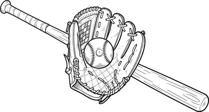 Classic baseball equipment vector illustration featuring wooden bat leather glove mitt and stitched ball isolated on white