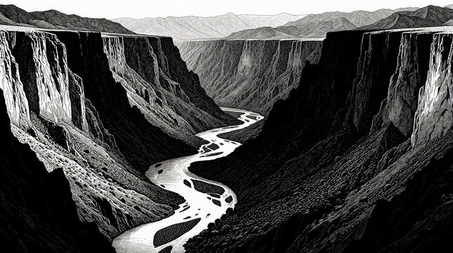 Black and white line art shows a deep canyon with a winding river. Tall cliffs rise on either side, creating a dramatic natural landscape. Mountains and sky form the distant background.