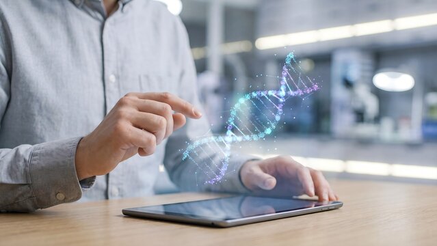Scientist pointing at a glowing holographic DNA double helix strand above a tablet, representing genetic research, biotechnology, genomics, and advanced medical science innovation