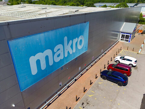 Nantgarw, Rhondda Cynon Taf, Wales - 15 July 2026: Aerial view of the branch of the wholesaler Makro on Treforest Industrial Estate in south Wales