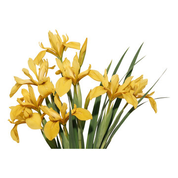 Bright yellow iris flowers arranged in a natural bouquet transparent background