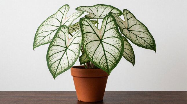 Large white leaf caladium plant in terracotta pot. Tropical foliage with green veins stands indoors on wooden surface. Botanical houseplant adds natural decor. Home garden green plants.