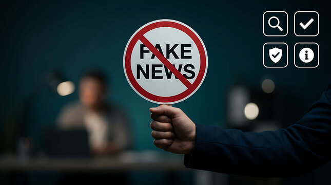 Hand holding stop fake news sign with digital security icons overlay