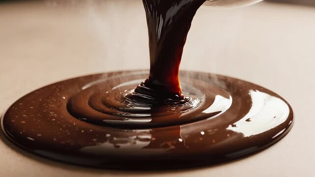 Slow motion chocolate syrup pouring into a plate