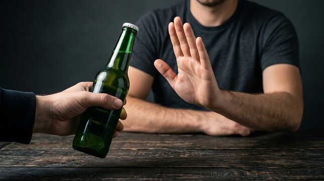 Man refusing alcohol drink by raising hand in gesture of denial, rejecting beer bottle offered by another person at wooden table, concept of sobriety and healthy lifestyle.