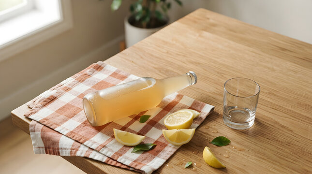 Bottle of radler and lemons isolated on clean surface for modern asset