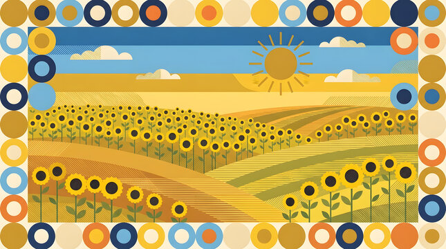 Abstract sunflower field landscape illustration | Geometric summer sunny day countryside art | Retro style yellow sunflowers and blue sky background | Colorful circle frame nature graphic design