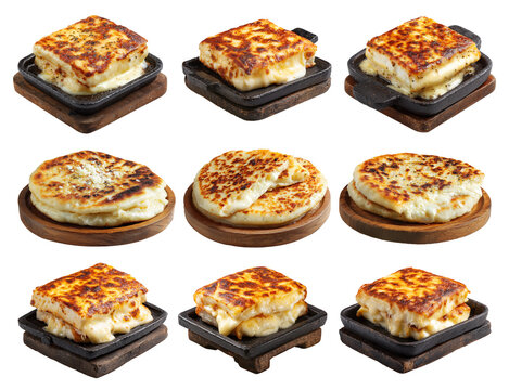 Argentina grilled Provoleta cheese pieces stacked, isolated on white transparent background. Concept of South American Cuisine