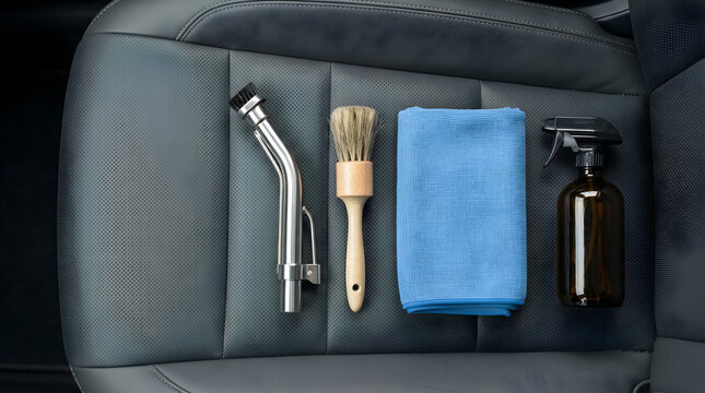 Car interior detailing tools arr isolated on clean surface for modern