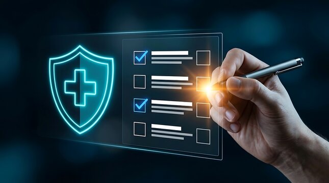 Healthcare insurance checklist being ticked off with digital pen on futuristic interface displaying medical shield symbol of protection and wellness concept.