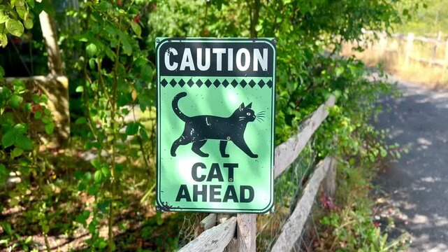 caution cat ahead warning sign beware animals wildlife green square road sign