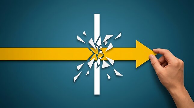 Hand pushing yellow arrow breaking through white barrier symbolizing overcoming challenges and achieving success in business or personal goals resolution.