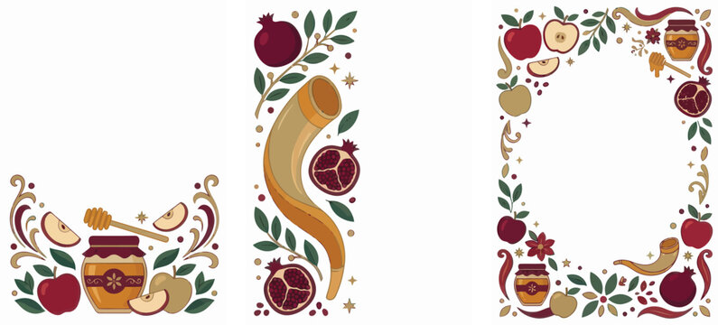 Rosh Hashanah border with apples, honey, pomegranates, and shofar for Jewish New Year celebration.