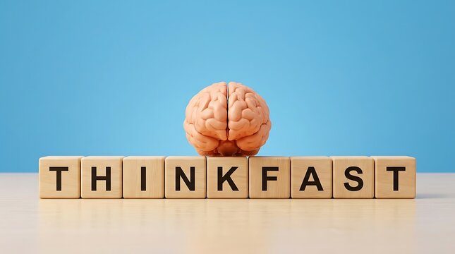 Brain model on wooden cubes spelling think fast, representing quick thinking and intelligence, great for educational or business concepts.