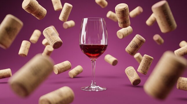 Red wine glass surrounded by falling corks on purple background.