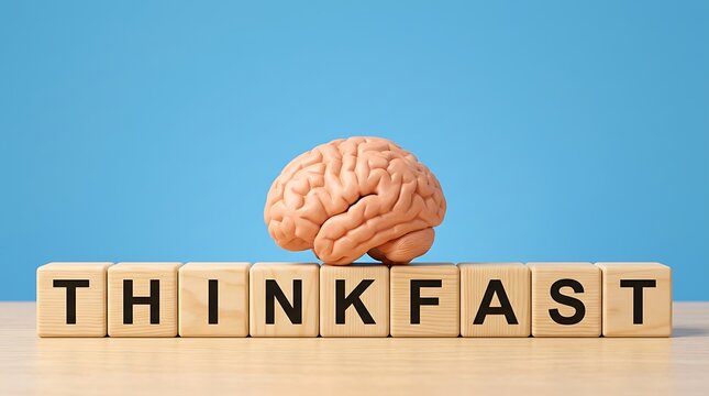 Wooden blocks spelling THINK FAST with realistic brain on top, symbolizing quick thinking and mental agility.