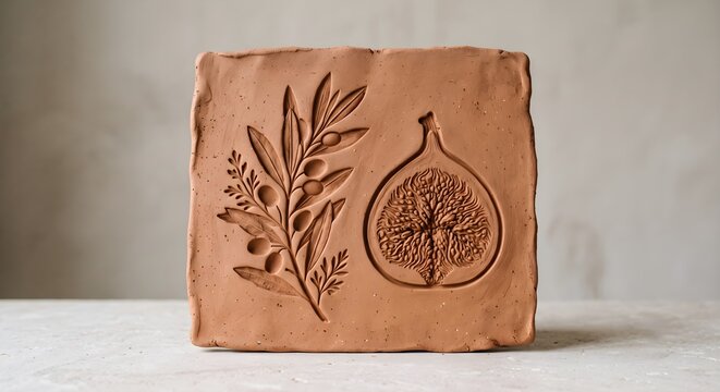 Unglazed ceramic intaglio relief sliced fig and olive branch on terracotta clay