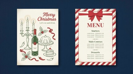 Fototapeta premium Christmas Menu Design: A charming illustration depicts a festive Christmas menu, featuring a candelabra, wine bottle, and cake, complemented by a separate menu card adorned with a red ribbon.