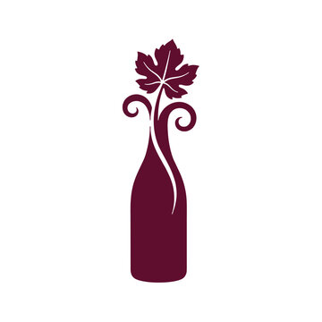 Stylized wine bottle logo design with elegant grape leaf and vine swirls