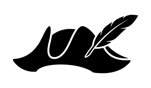 Black silhouette bicorne hat with feather historical military attire vector icon