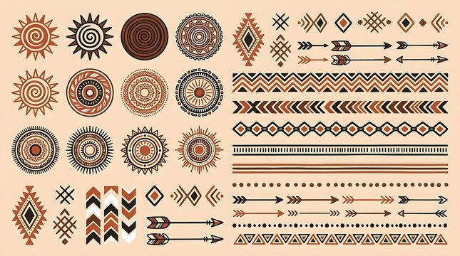 Collection of tribal ethnic boho ornamental elements sun arrows geometric patterns borders.