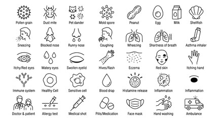 Fototapeta premium Set of medical icons representing common allergy symptoms triggers and healthcare treatment options
