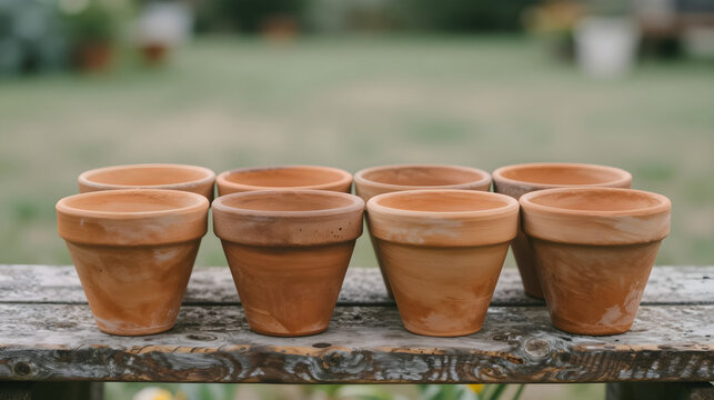 A set of unglazed terracotta olla irrigation pots resting on a rustic wooden garden bench.