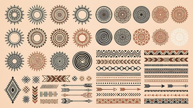 Collection of tribal ethnic patterns and symbols including sun mandala arrow designs in brown and beige tones for decorative use.