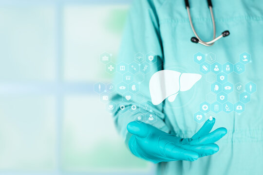 Concept of modernity in liver medicine and digital hepatology. The professional presents the silhouette of the liver against an emerald green background.