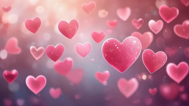 Floating Pink Hearts Gently Twirling in Soft Bokeh Light for Romantic Celebration Background