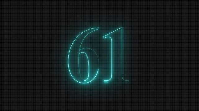 Neon glowing digital number sixty-one on dark grid background