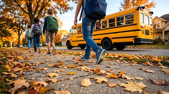 Children walking towards a yellow school bus on a sidewalk covered in autumn leaves during fall season, representing education and childhood.