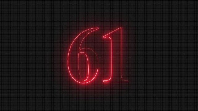 Glowing neon red number sixty-one on dark grid background