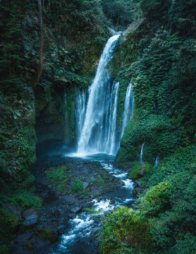 Aerial view of Tiu Kelep Waterfall cascading into a rocky pool surrounded by lush tropical vegetation and dense jungle foliage in Bayan, West Nusa Tenggara, Indonesia.