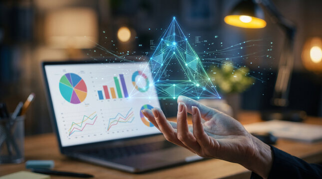 Floating holographic geometric pyramid glowing above a hand with digital data visualization charts displayed on a blurred laptop background scene