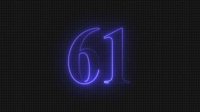 Neon glowing digital number sixty-one on dark grid background