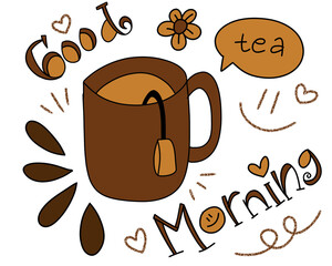 Naklejka premium Cute Hand Drawn Tea Cup Illustration with Good Morning Quote, Hand Lettering and Doodles Vector transparent background. Good Morning Tea Cup Hand Drawn Doodle Vector Illustration with Heart & flower.
