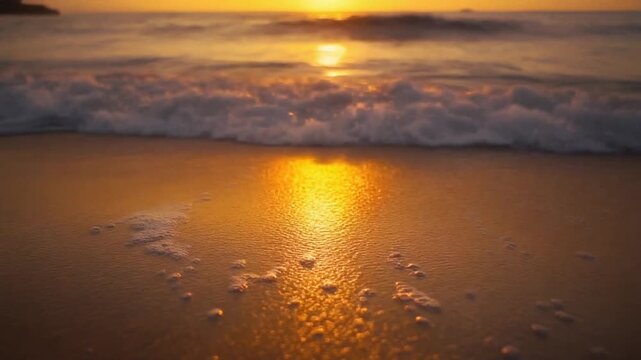 Golden hour ocean waves gently washing ashore during sunset with soft light reflections on wet sand