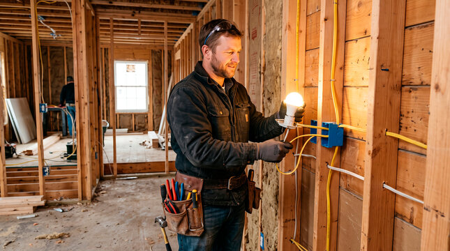 Electrician Installing Electrical Wiring with Glowing LED Tester
