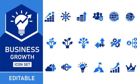 Business growth icon set featuring blue vector symbols for finance investment strategy development marketing and corporate success data visualization concepts