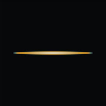 A thin horizontal golden light beam or glowing elliptical shape isolated on a solid black background for modern graphic design and digital art