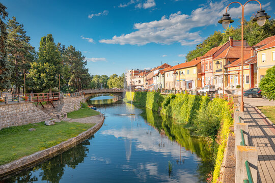 Knjazevac town reflecting on the Svrljiski Timok river, showing colorful architecture, a bridge, and green trees in Serbia